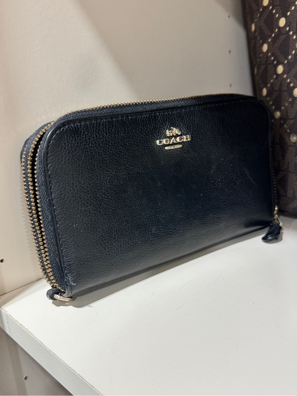 Coach Black Leather Double-Zip Continental Wallet with Gold Hardware